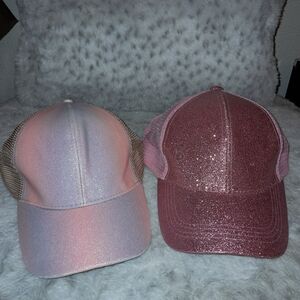 Glittery Bling Baseball Caps Hats With High Ponytail Opening Pink + Ombre